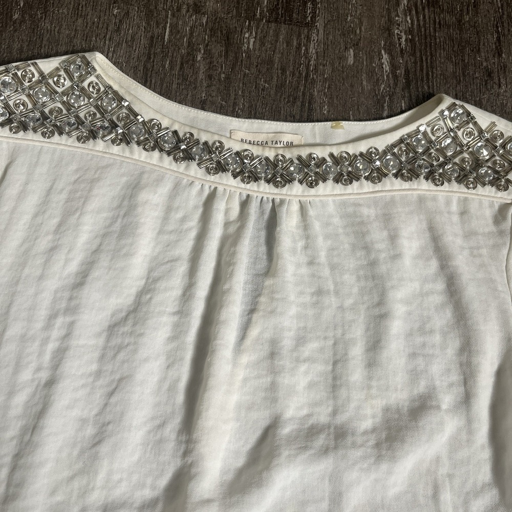Rebecca Taylor Womens White Silk‎ Beaded Blouse Size 2 Keyhole Back 3/4 Sleeve - Picture 2 of 9